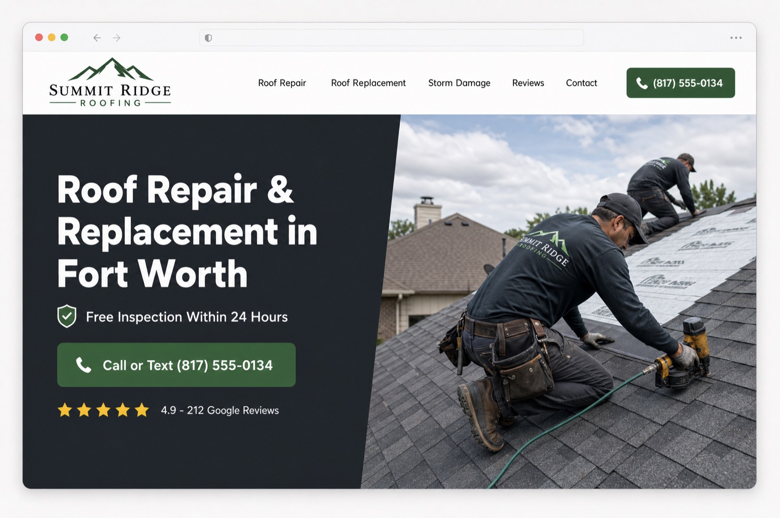 Roofing website hero section naming the city, service, response time, phone number, and live review rating above the fold